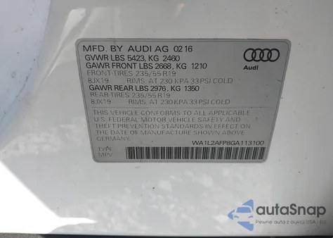 2016 Audi Q5 2.0T Premium from USA, damaged, VIN WA1L2AFP8GA113100